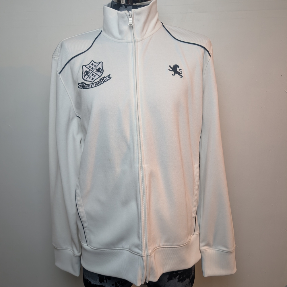 Express White Zip-Up Bomber/Varsity Jacket with Crest and Lion Emblem